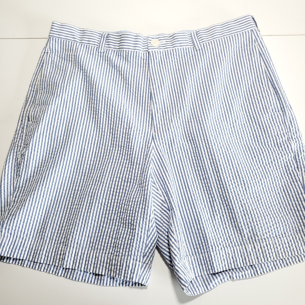 Brooks Brothers 346 Mens 36x8 Blue White Striped Seersucker Chino Shorts